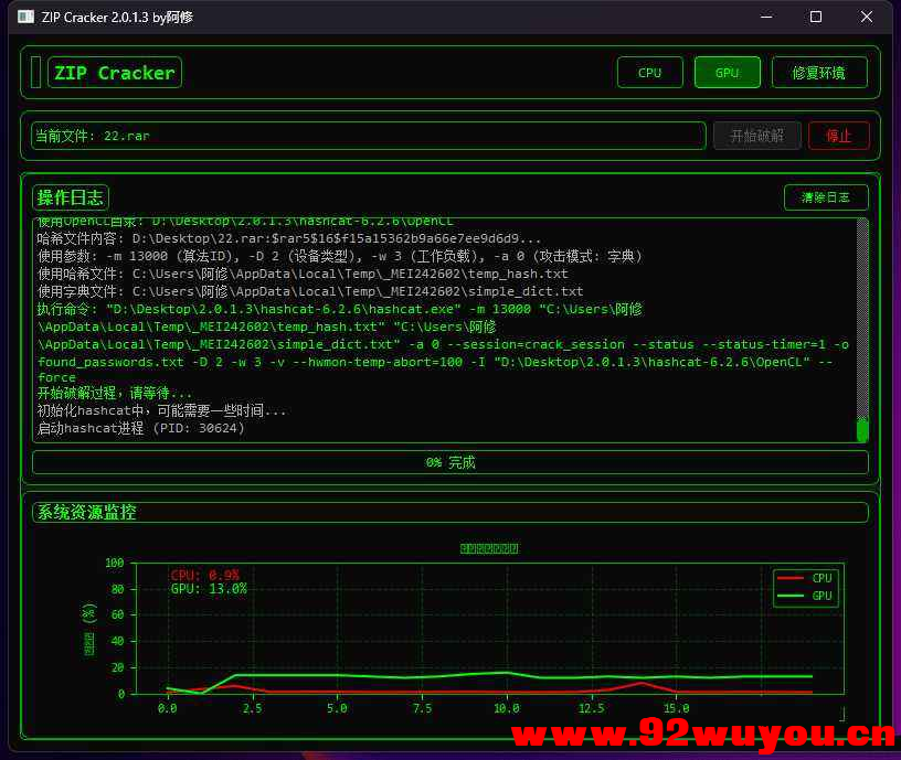 压缩包密码破觧工具 支持ZIP, RAR, 7Z,SSH密钥,Office,KeePass  5626 无忧技术吧www.92wuyou.cn