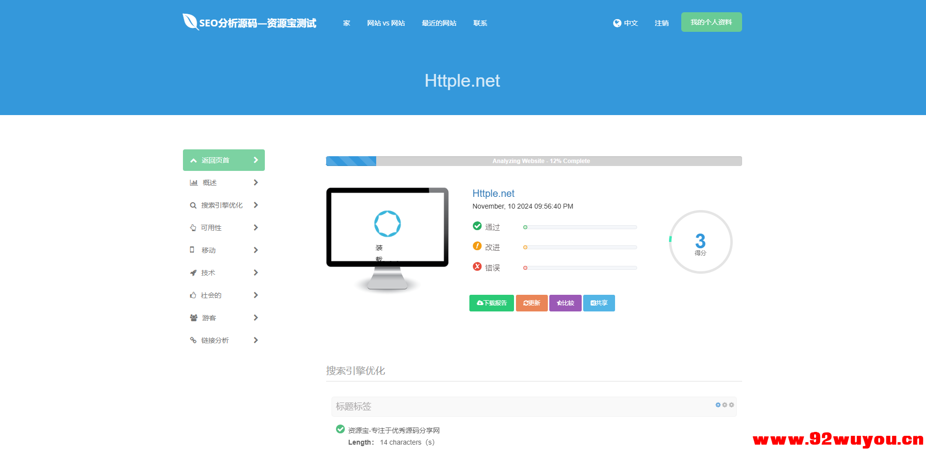 高级 SEO 化在线优化检测分析源码，获得更高收录  6990 无忧技术吧www.92wuyou.cn